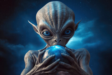 Evil Gray Alien from Other Worlds Holding in His Hands Earth Globe Planet extreme closeup. Generative AI