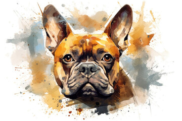 Watercolor Dog Pet Breed French Bulldog Portrait on a white background. Generative AI