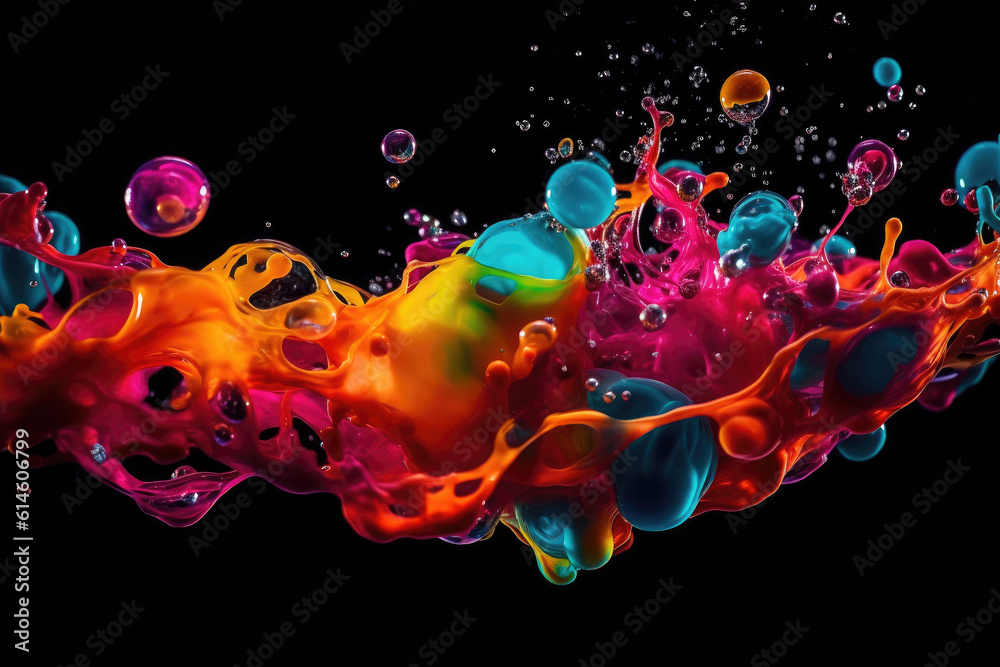 Poster abstract color paint splash drops in water on a black background. generative ai