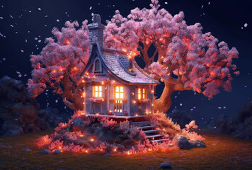 Fototapeta premium Beautiful Magic Fairy House in Fairy Forest extreme closeup. Generative AI