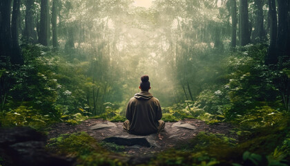 A Man Relaxes and Meditates in the Middle of the Forest Among the Trees extreme closeup. Generative AI