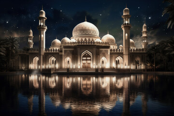 Obraz premium The Beautiful Mosque Glows at Night Against the Dark Sky extreme closeup. Generaive AI