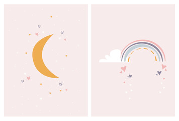 Naklejka na ściany i meble Kids nursery room wall posters Rainbow and Cloud. Nursery Wall Art for Baby. Vector Illustration Set Ideal for Cards, Invitations, Posters. Moon with stars and rainbow with hearts rain