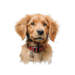 Caramel is a sweet golden retriever puppy with floppy ears and a wagging tail, wearing a red collar.