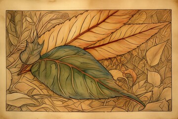 Illustration of a leaf on old paper. Bible style illustration. Old artwork.