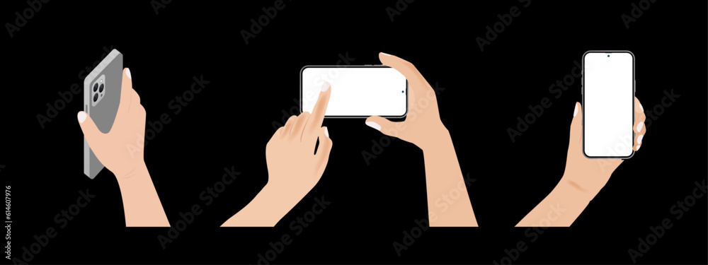 Poster hand holding mobile phone horizontally and vertically with blank screen illustration vector set in f