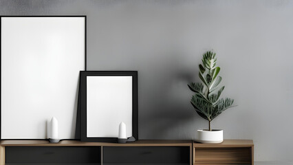 Mockup frame in living room interior,  Blank beige wall with plants, 3d render