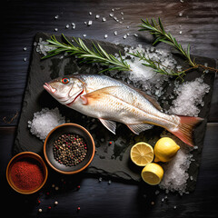 Fresh raw seabass fish with lemon, rosemary and spices on wooden cutting board