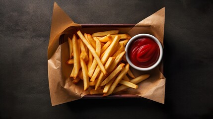 French fries or potato chips with ketchup top view