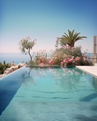 Fototapeta premium Beautiful luxurious seashore summer house exterior with crystal clear pool water and plants. Generated AI.