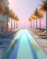 Neon colored luxurious summer beach resort with sunbeds and sunshine. Generated AI.