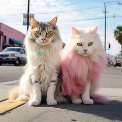 Colored cats chilling on the street. Pastel retro 80s vibe. Generated AI.