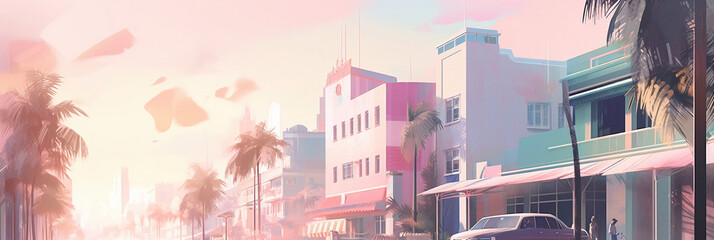 midjourney generated illustration by ai, miami beach scene in pastel colors, Generative AI