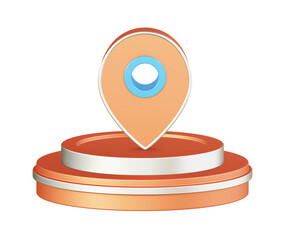 3d illustration icon design of metallic orange map pointer location with circular or round podium