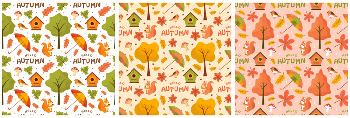 Set of Autumn Seamless Pattern Illustration Element Panoramic of Maple Trees Fallen in Cartoon Template Hand Drawn