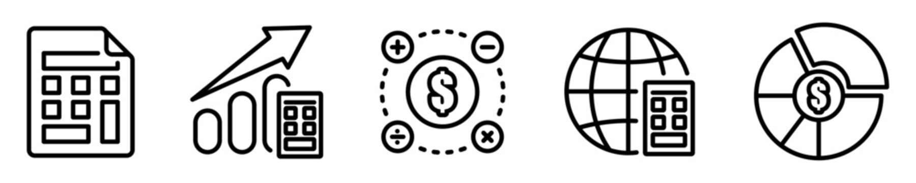 Conjunto de iconos de contabilidad. Concepto de finanzas. Calculadora, operaciones matem&aacute;ticas, factura, impuestos, ganancias, porcentaje. Ilustraci&oacute;n vectorial