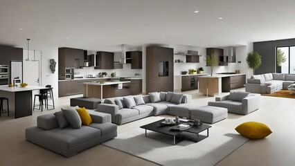 Living Room and Kitchen Layout Interior Design of a Modern House with Minimalistic Design. Mid-century design of a modern kitchen and living room combined in a contemporary and open-concept layout.