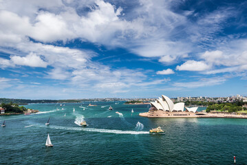 Cityscape with Sydney Opera House and ships in the sea in Australia