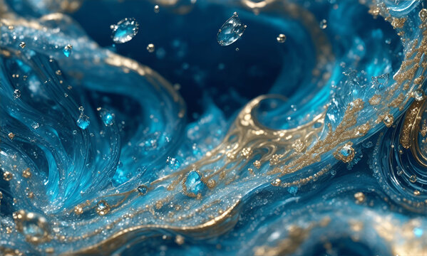 Blue Topaz and gold liquid waves Wallpaper, Marbles Texture Liquid Luxury Wallpaper, Generative AI
