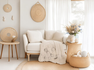 Mock up in a living room interior background with white sofa. 