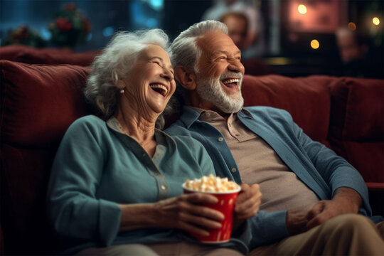 happy Elderly man and woman are sitting on the sofa and watching a movie .Generative A 