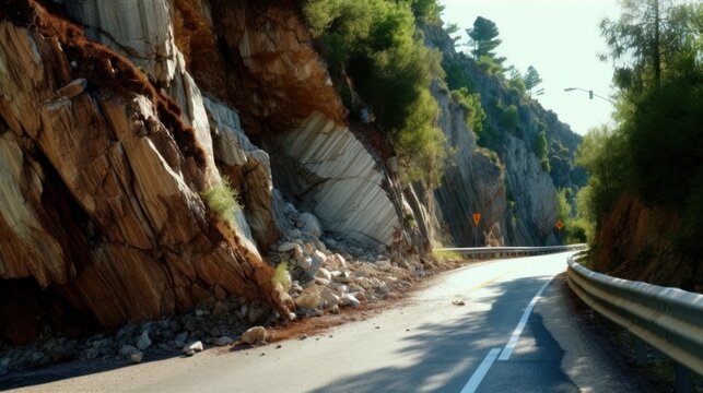 road destroyed by rockfall. natural disaster and catastrophe. . Generative AI
