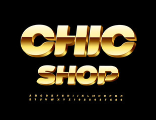 Fototapeta premium Vector luxury Signboard Chic Shop. Golden 3D Font. Trendy Alphabet Letters and Numbers set.