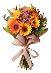 Gift Wrapped Bouquet of Flowers for Valentines or Wedding Isolated on Transparent Background - Generative AI
