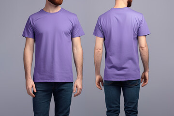 Photo realistic male purple t-shirts with copy space, front, and back view