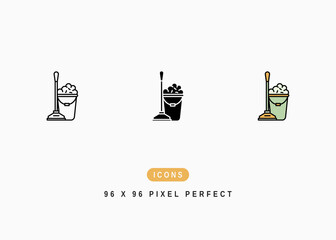 Mop Bucket Icon. Room Floor Clean Up Symbol Stock Illustration. Vector Line Icons For UI Web Design And Presentation