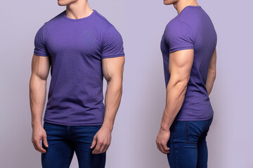Photo realistic male purple t-shirts with copy space, front, and back view
