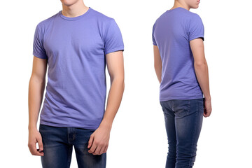 Photo realistic male purple t-shirts with copy space, front, and back view