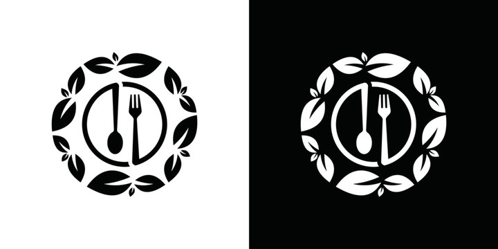 leaf fork and spoon logo design in organic leaf circle. icon symbol for health restaurant food diet and others. organic food