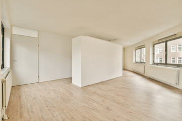 Fototapeta na wymiar an empty living room with wood flooring and white walls, there is a large window to the left side