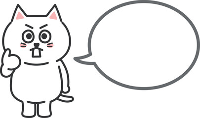 White cartoon cat tells warnings with a speech bubble, vector illustration.