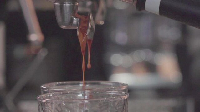 Gently pouring freshly brewed coffee from the espresso machine into glass espresso shots.