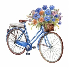 Bicycle with bouquet of spring flowers. Watercolor illustration.