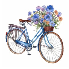 Fototapeta na wymiar Bicycle with bouquet of spring flowers. Watercolor illustration.