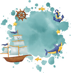 Hand drawn illustration with cute sailing ship, shark, steering wheel and anchor on watercolor spot. Space for text.