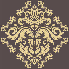 Oriental vector rhombus with arabesques and floral elements. Traditional classic ornament. Vintage brown and yellow pattern with arabesques