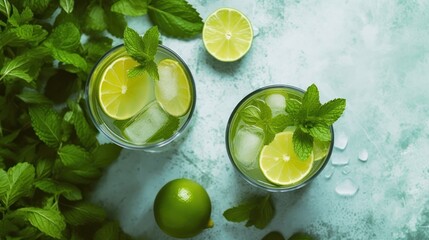 Refreshing mint cocktail mojito with rum and lime, cold drink or beverage. Top view