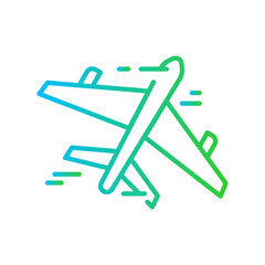 Airplane travel and tourism icon with blue and green gradient outline style. object, airliner, wing, pilot, template, collection, paper. Vector Illustration