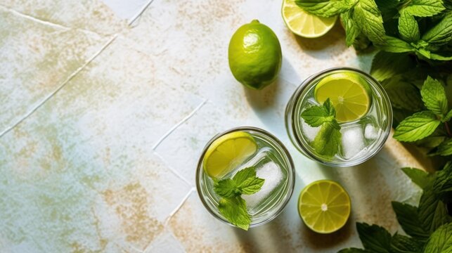 Refreshing mint cocktail mojito with rum and lime, cold drink or beverage. Top view