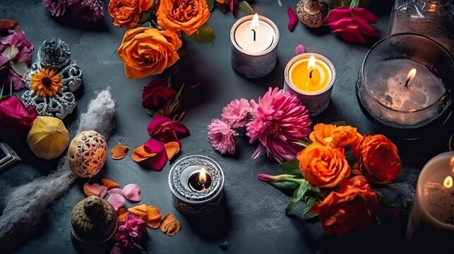 Day of the Dead banner concept design of skulls, candles and flowers on black background