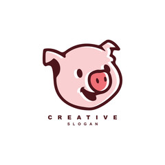 Cute funny piggy face logo design.  Happy smile face baby pig logo character vector art illustration