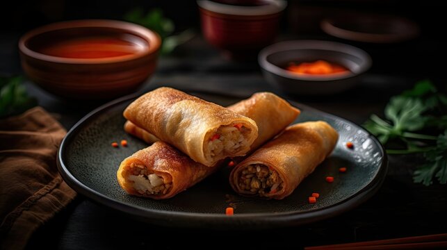 Closeup crispy eggrolls on wood plate with blurred background