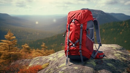  Large hiking and trekking backpacks The background image is a mountain forest. wide-angle lens realistic lighting - obrazy, fototapety, plakaty