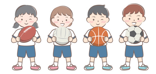 ボールを持つ4人の子供たち　球技