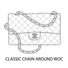 Sketch of Iconic Designer Handbag. Chain sling handle. Illustration of fashion. Coloring page.
