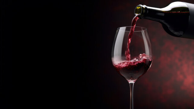 Pouring red wine into the glass against dark background. Pour alcohol, winery concept.